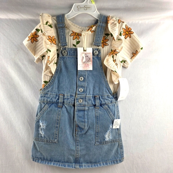NWT Jessica Simpson Blue Denim Overalls And Floral Ruffle Shirt Girls Toddler 4T - Picture 1 of 3